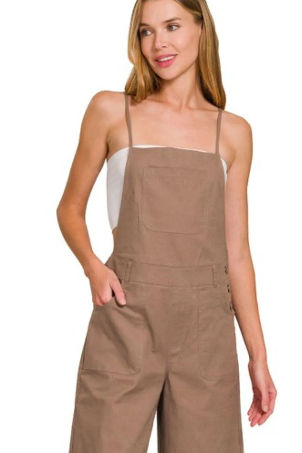 Woven Spaghetti Strap Overalls back view