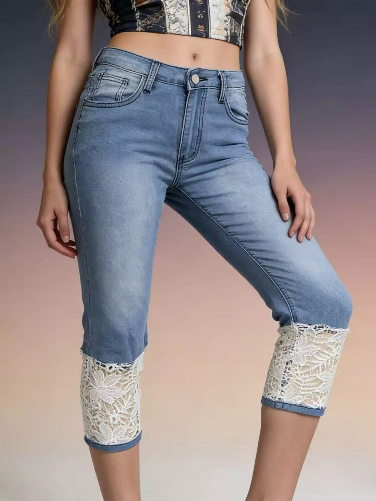 Lace Trimmed Capri Jeans, view 6