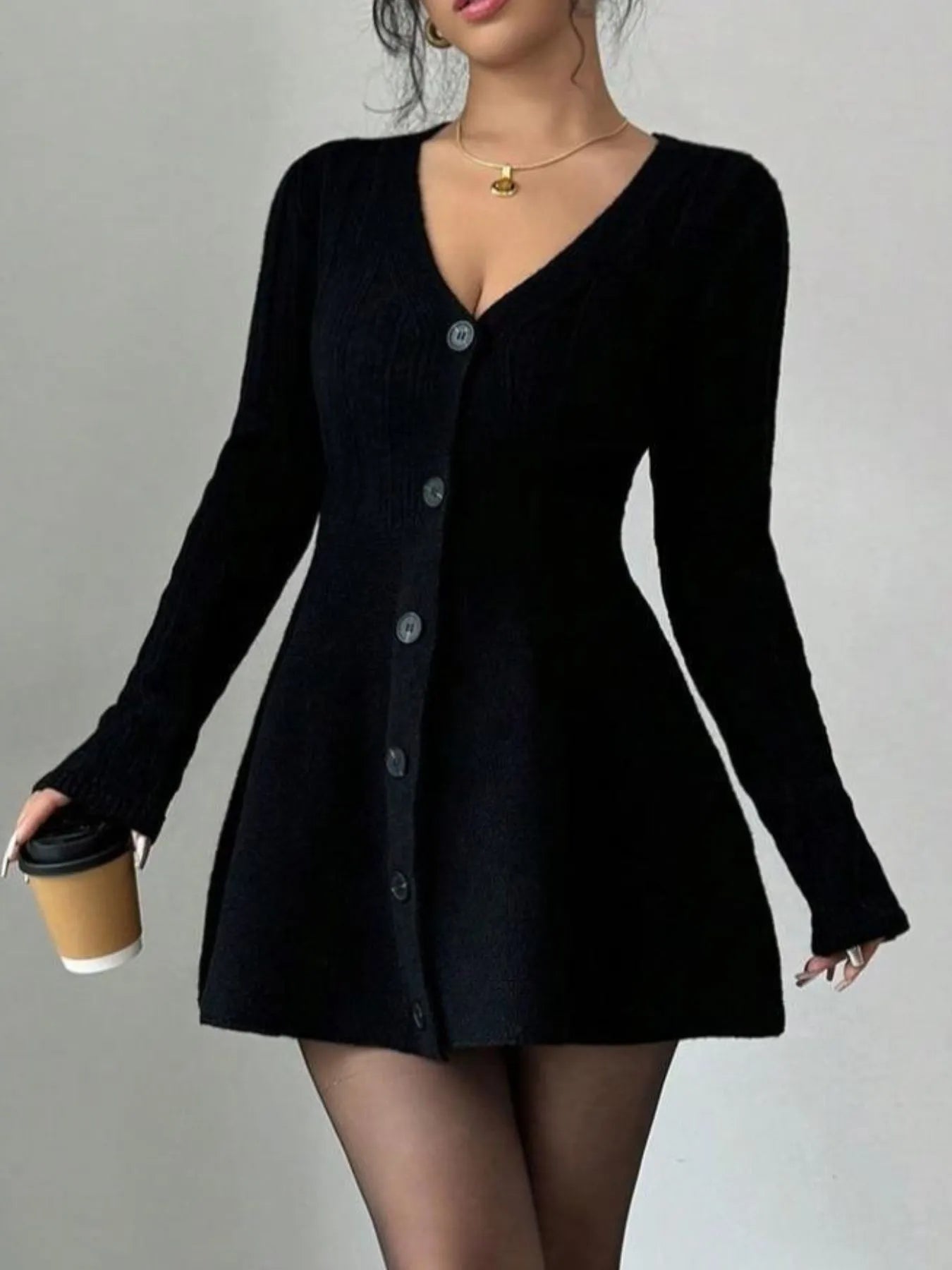 Button-Front V-Neck Knit Dress - Fashorio