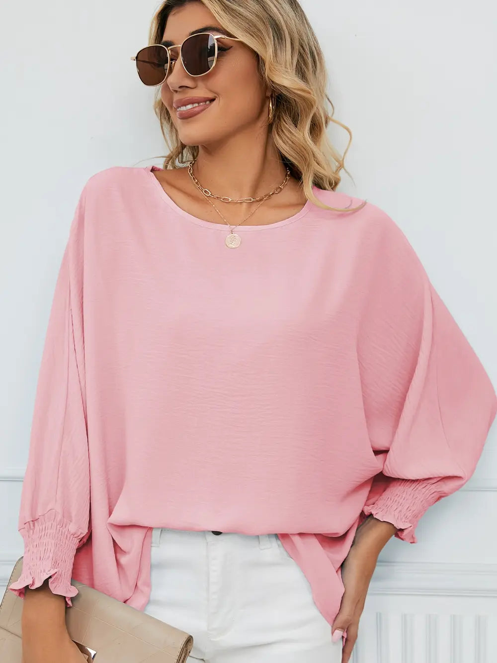 Smocked Lantern Sleeve Round Neck Blouse - Fashorio