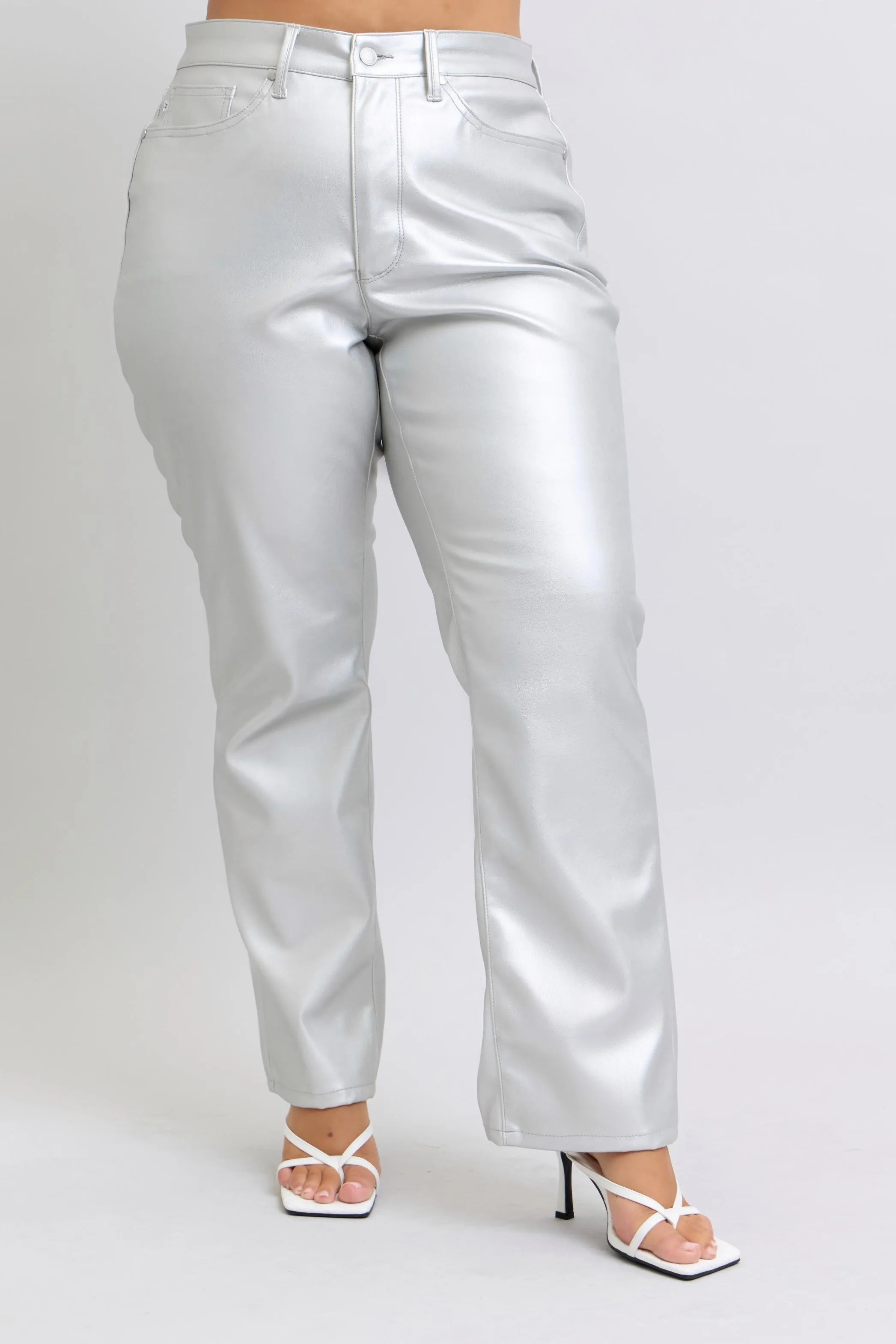 Judy Blue Full Size High Waist Silver Faux Leather Pants Plus Size - Fashorio