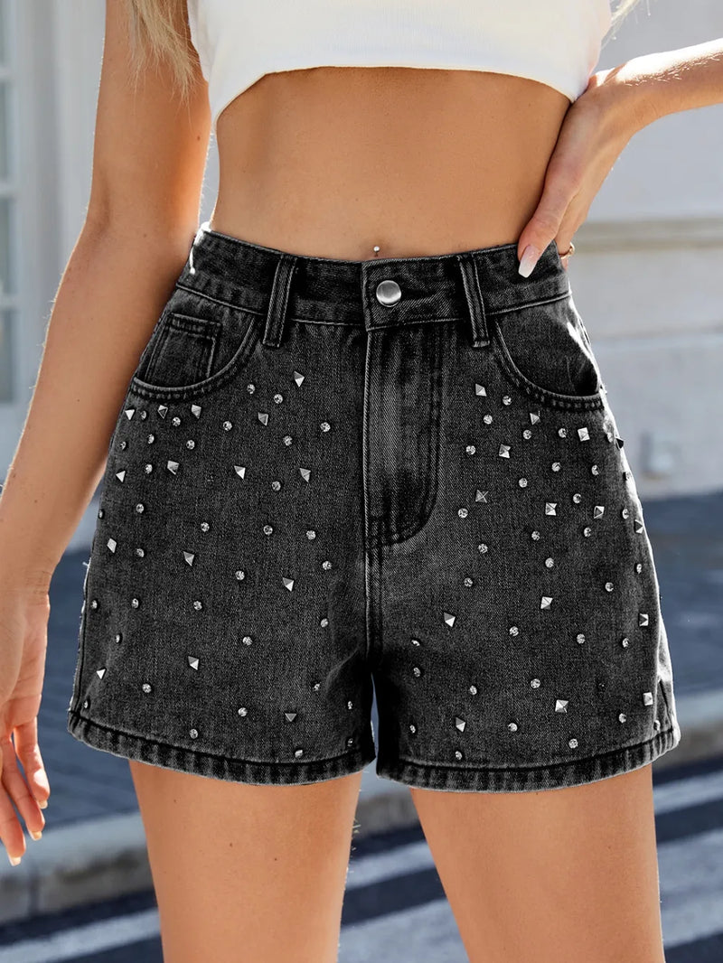 Rhinestone high waist denim shorts front
