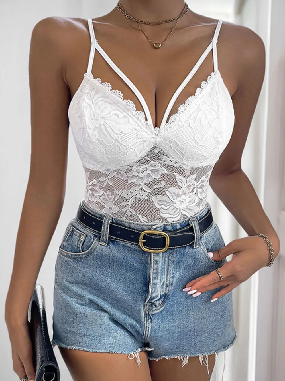 Perfee Spaghetti Strap Lace Bodysuit - Fashorio