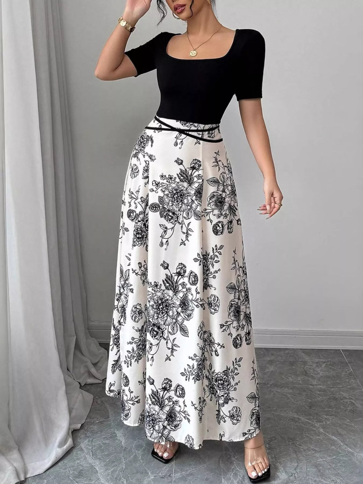 Black floral print square neck maxi dress front view