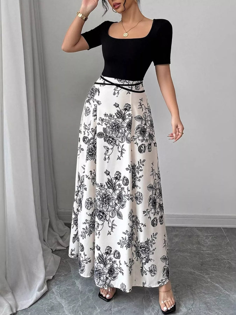 Black floral print square neck maxi dress front view