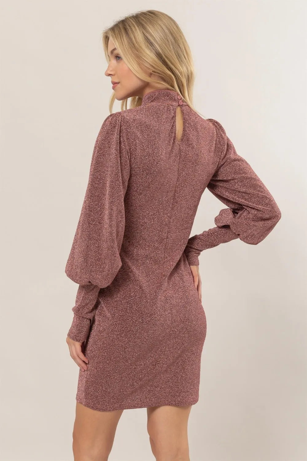 Glitter Mock Neck Long Sleeve Mini Dress back view