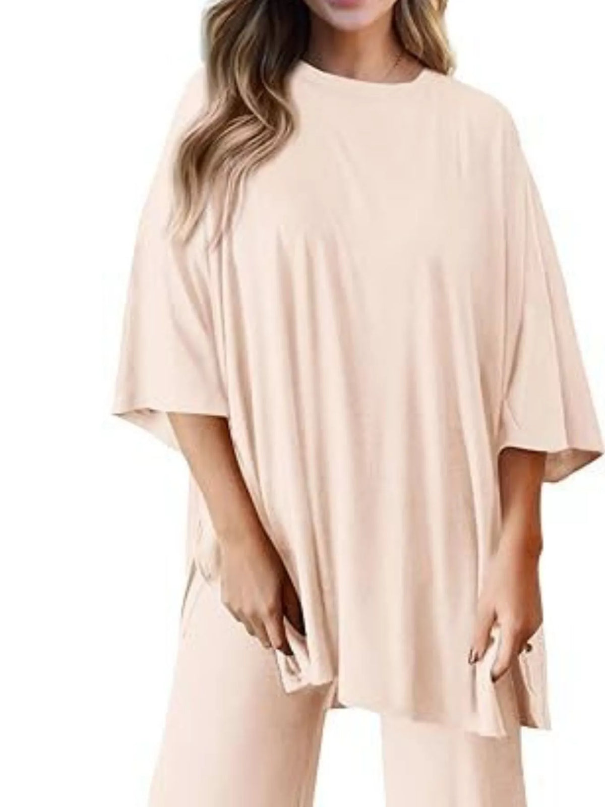 Matching relaxed fit round neck top and pants set back view