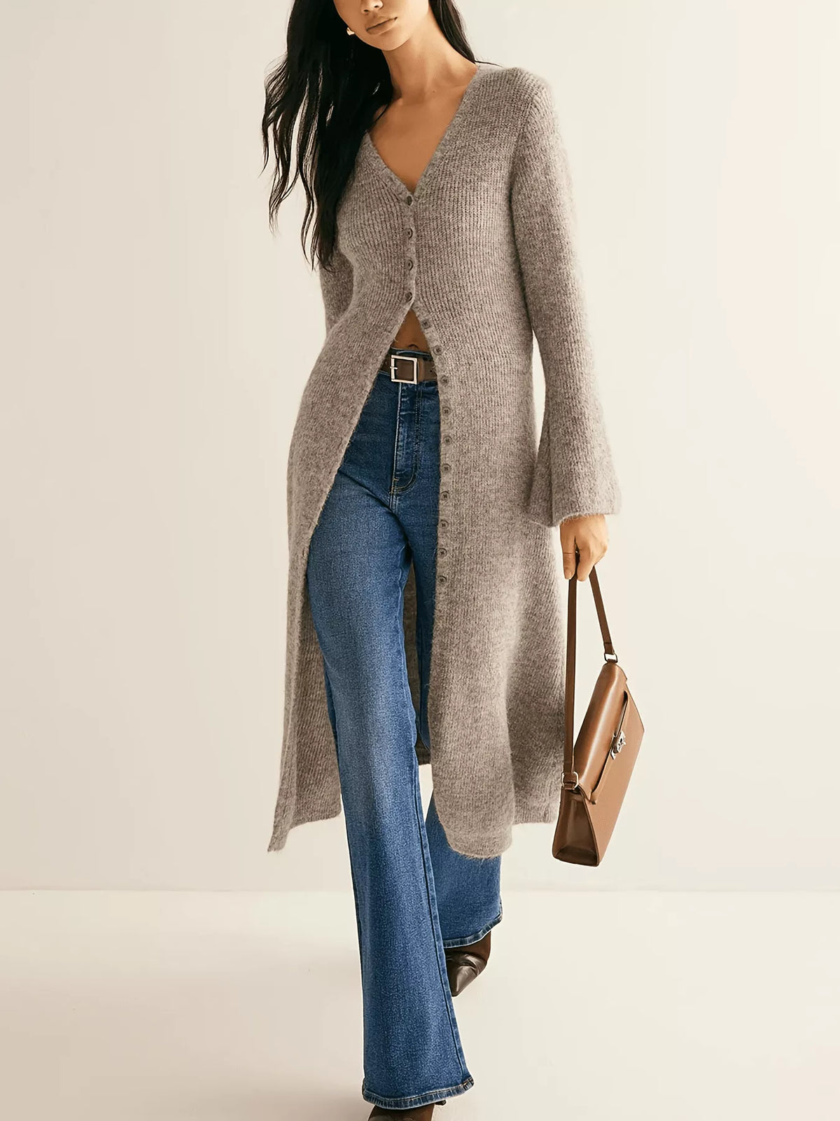Longline bell sleeve cardigan in mocha front view
