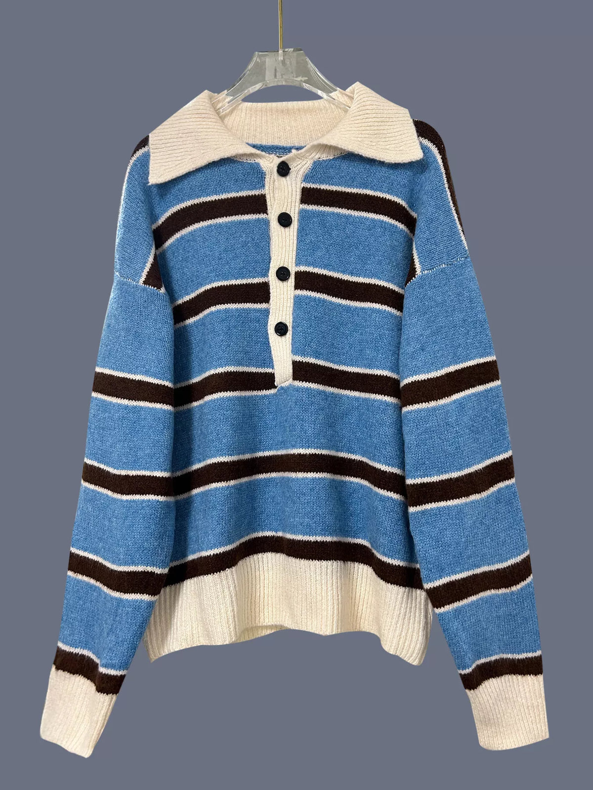 Striped button sweater side view