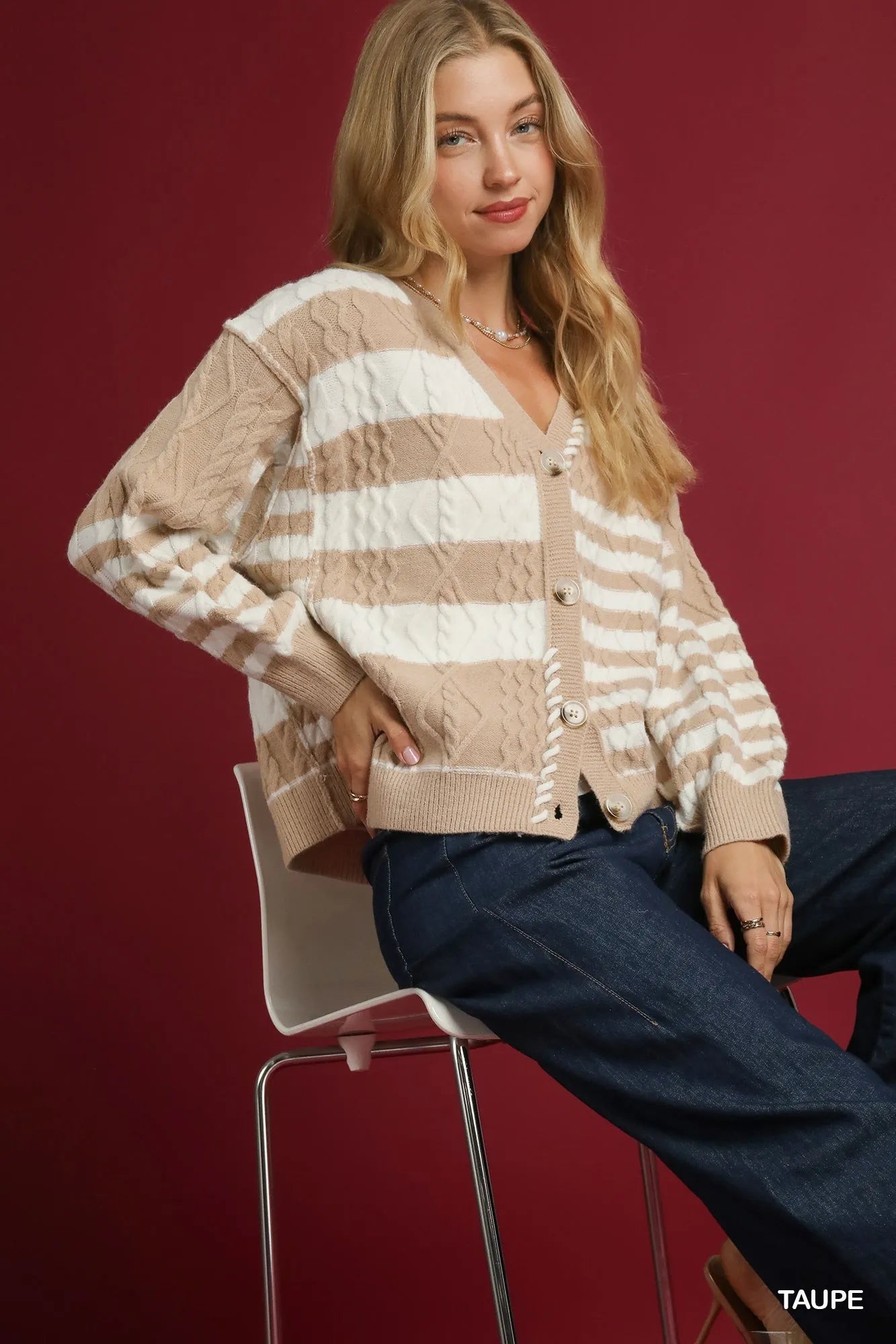 Umgee Cable-Knit Stripe Button-Up Cardigan - Fashorio