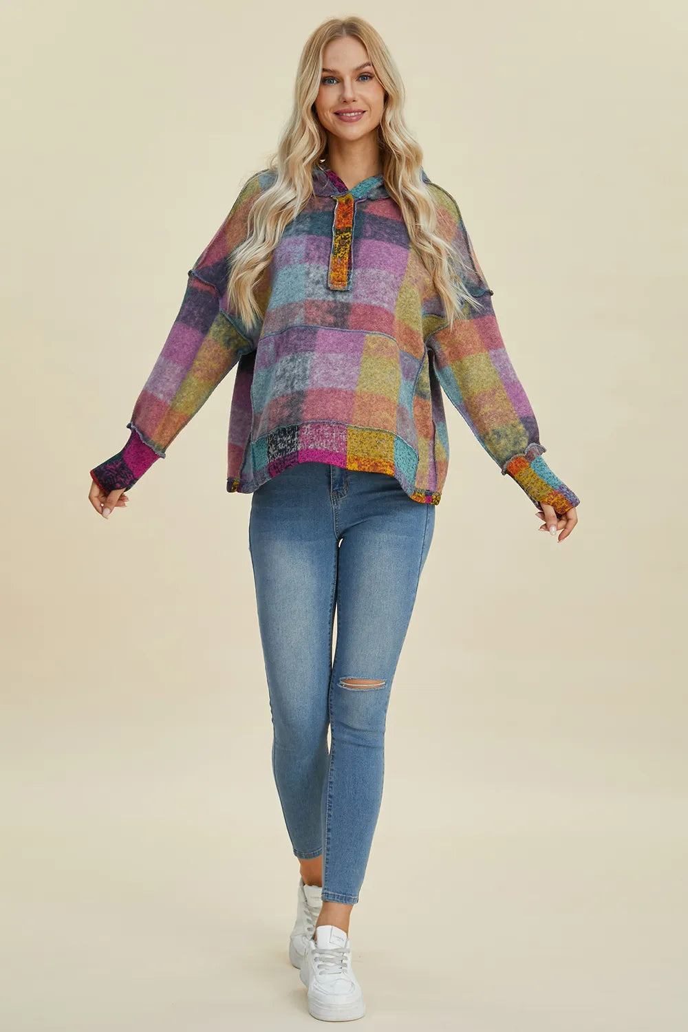 Plaid fleece hoodie styled full length look