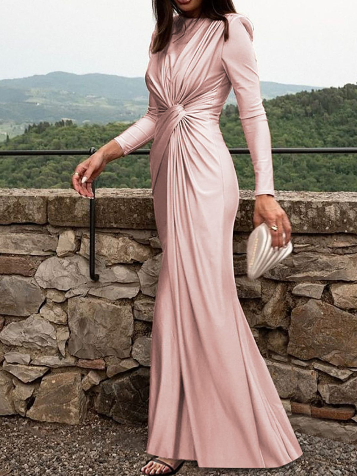 Ruched knot front long sleeve maxi dress sleeve detail