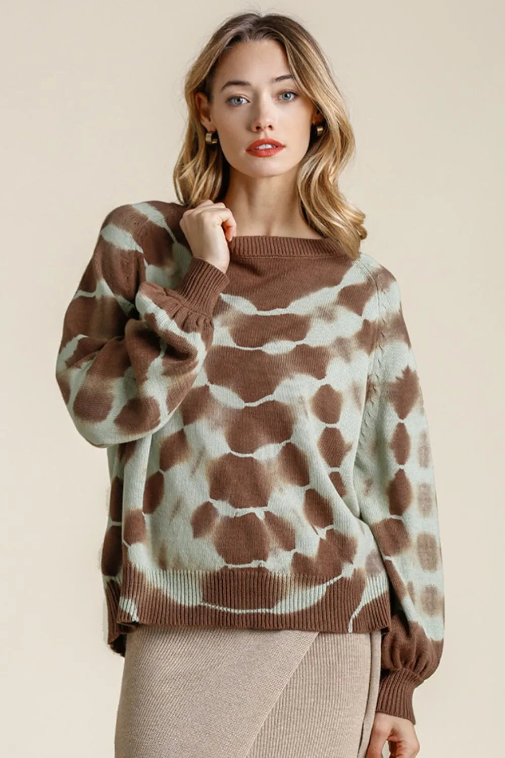 Tie Dye Ribbed Hem Round Neck Sweater Plus Size in Coffee Brown