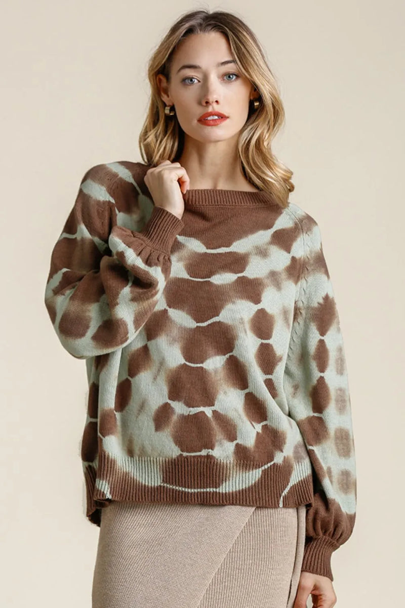 Tie Dye Ribbed Hem Round Neck Sweater Plus Size in Coffee Brown