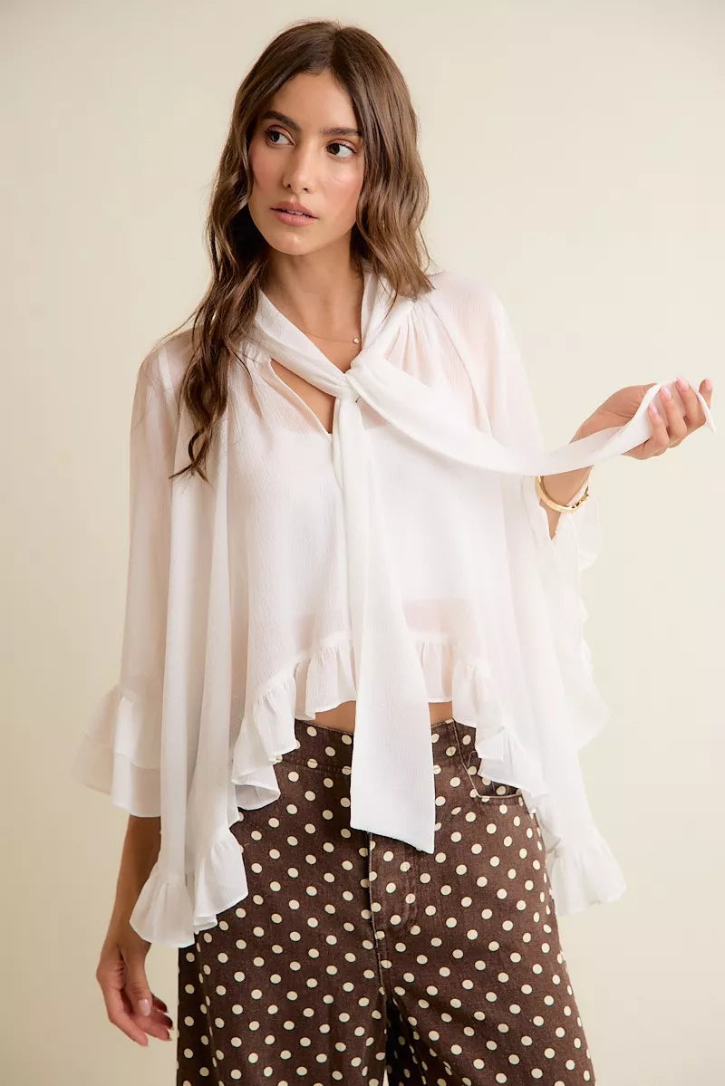 White sheer ruffle bell sleeve blouse front view