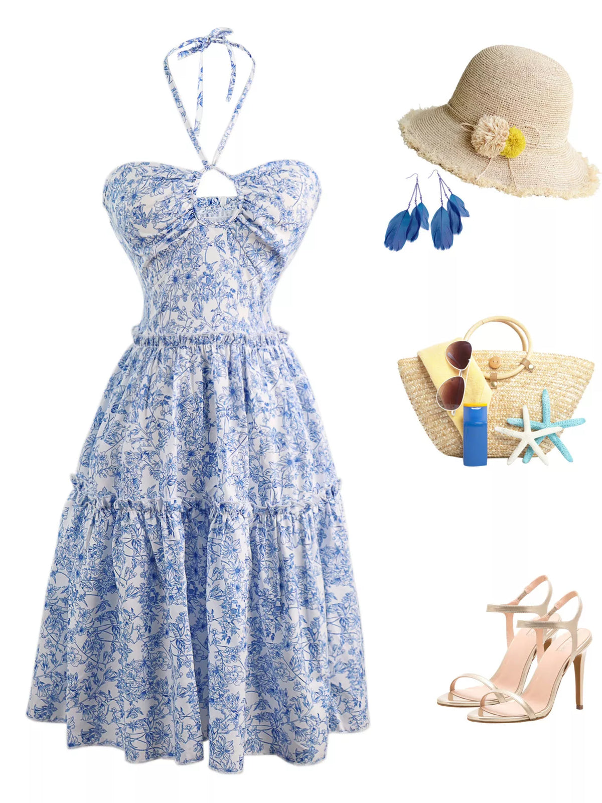 Blue floral halter neck ruffle hem summer dress, front view