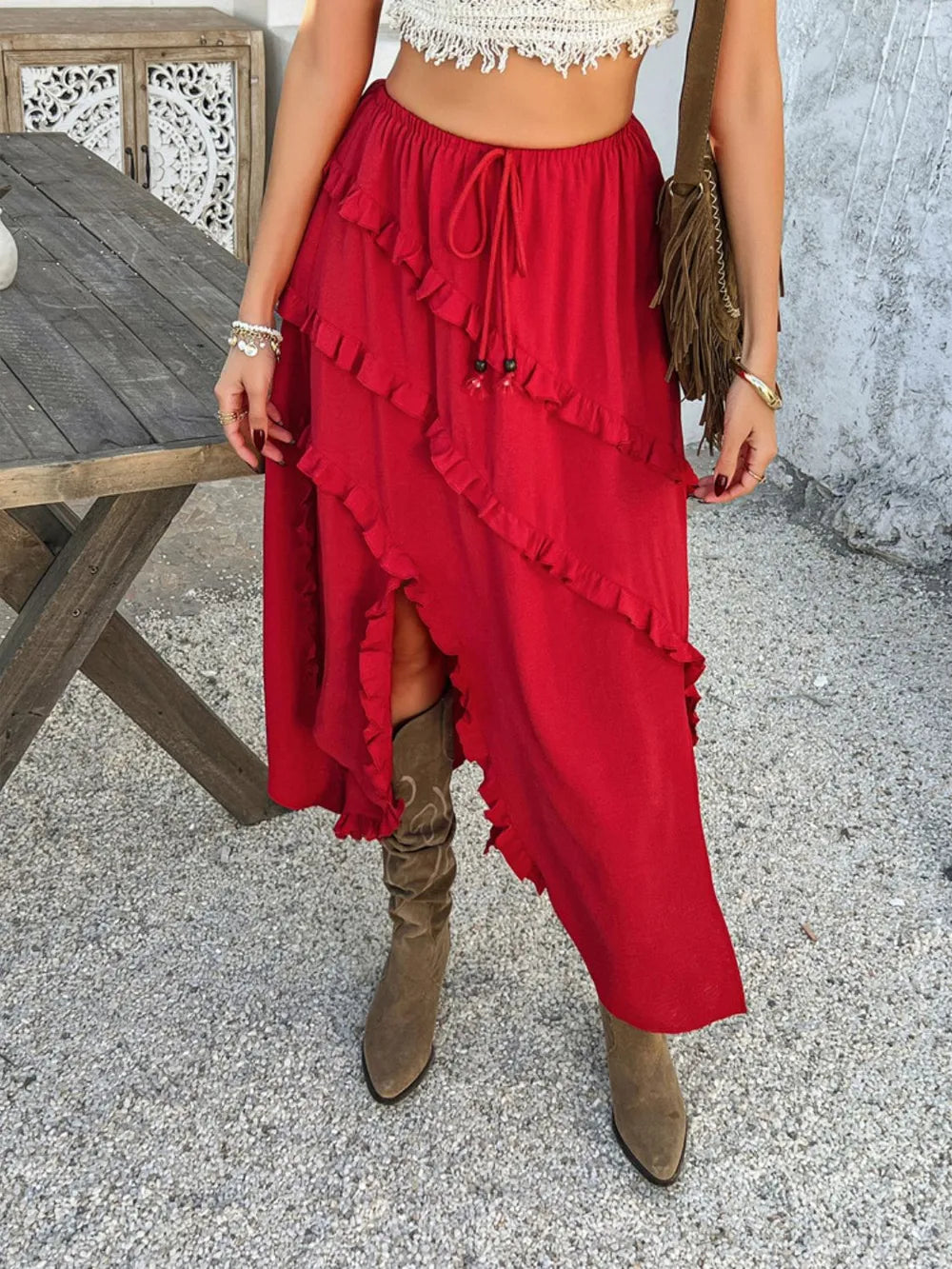 Slit Drawstring Ruffled Maxi Skirt, view 15