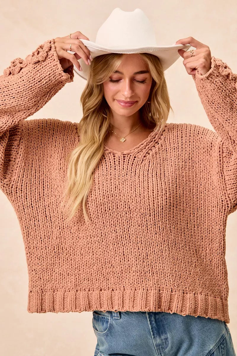 Chunky Knit Sweater with Floral Sleeves in Dusty Peach view 10