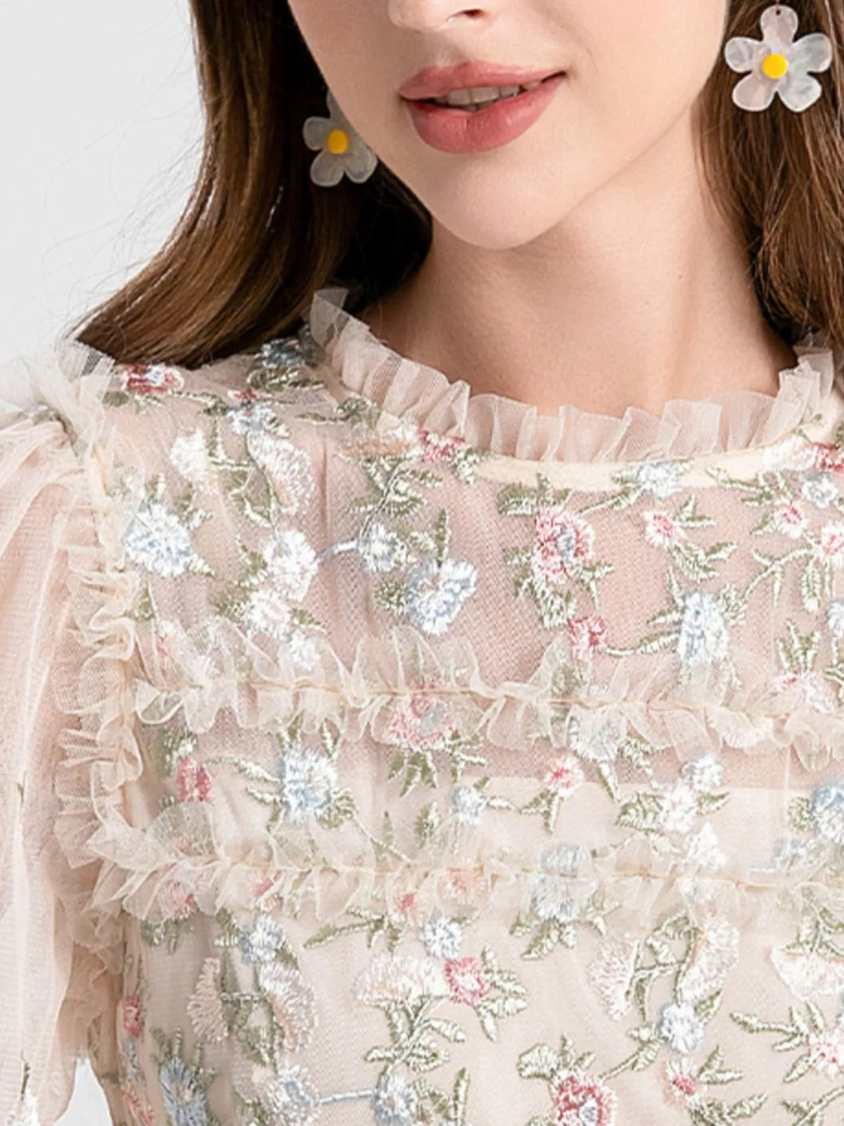 Apricot floral tulle layered maxi dress close up