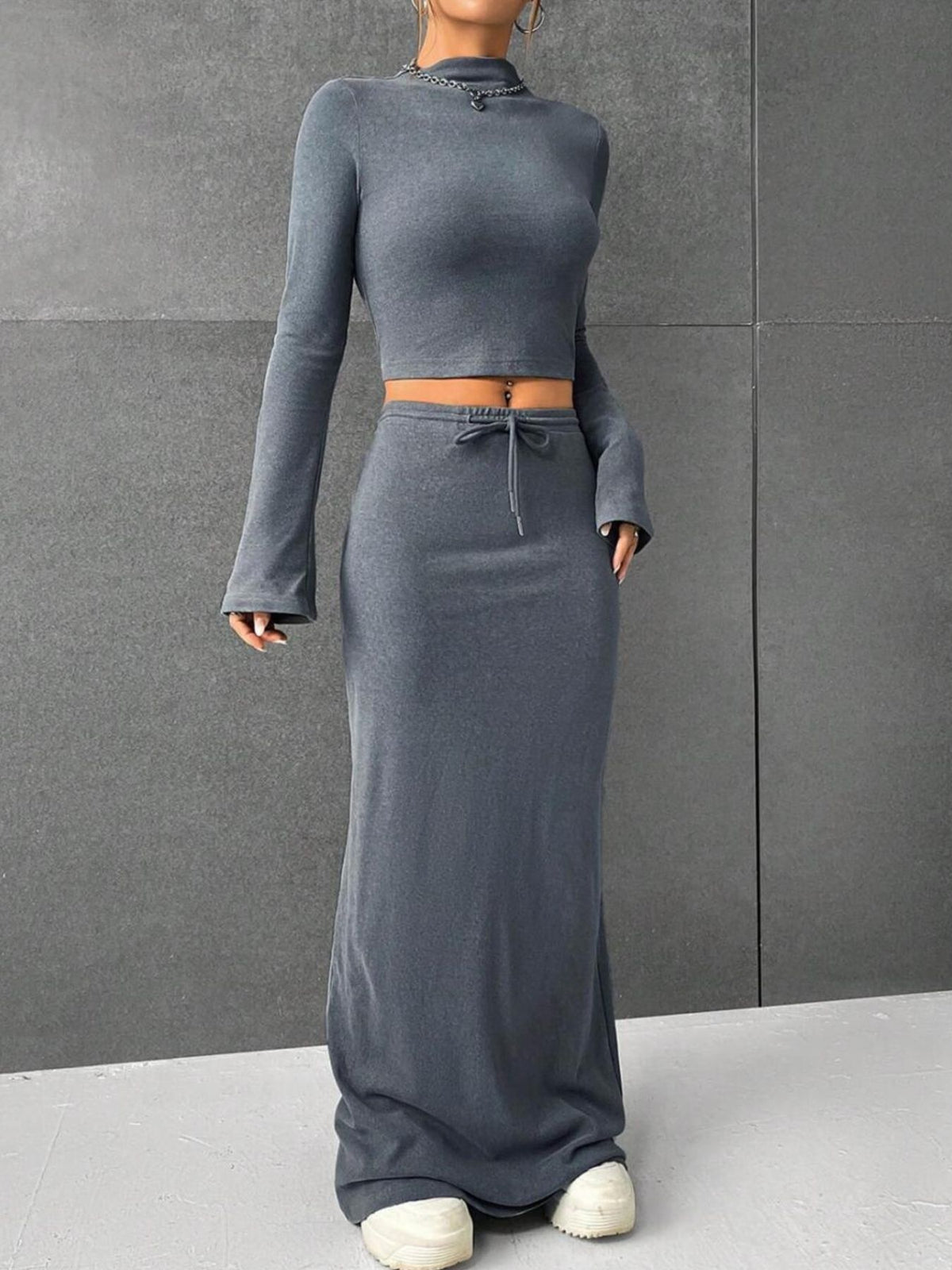 Long sleeve top and maxi skirt set drawstring waist detail