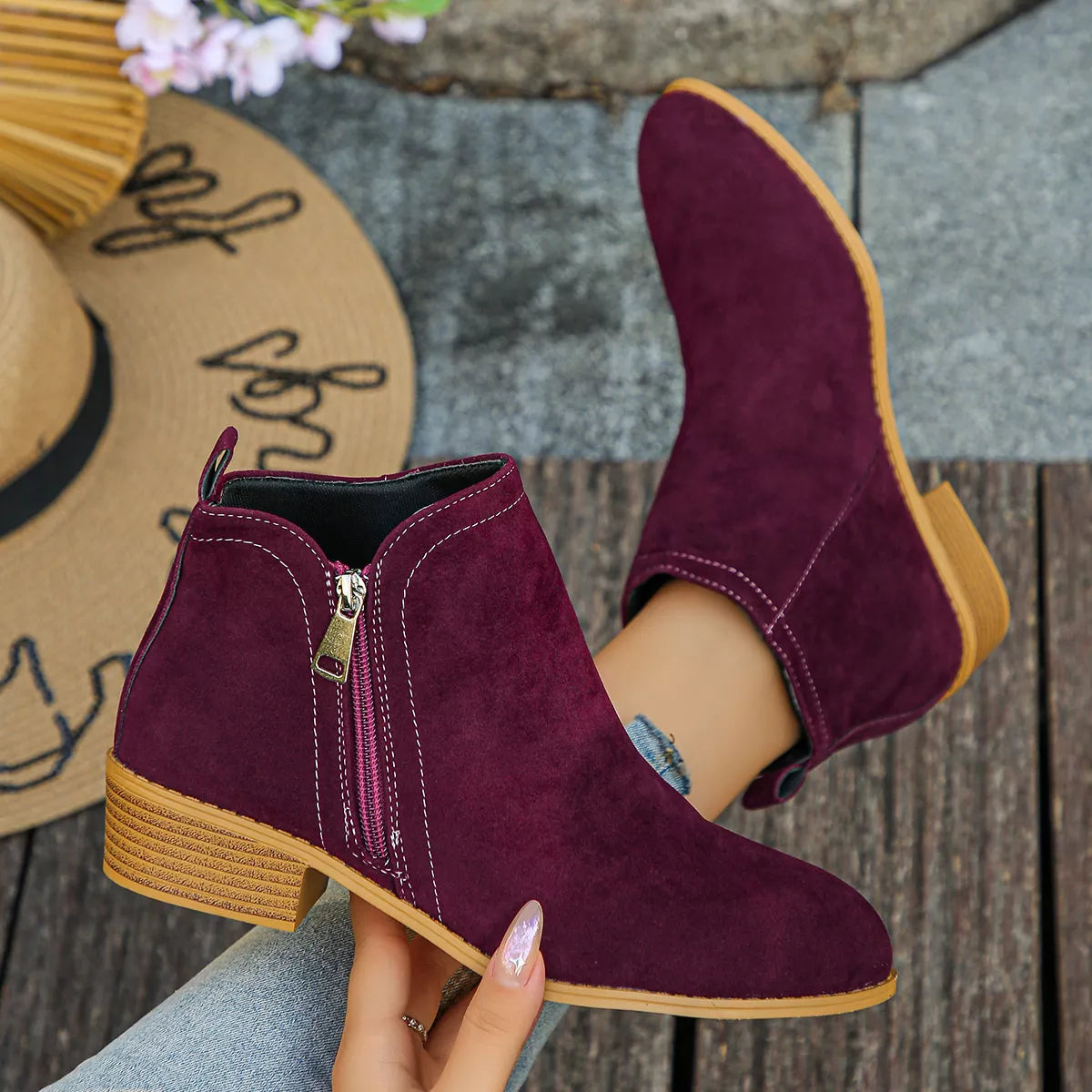 Point toe block heel boots, heel detail