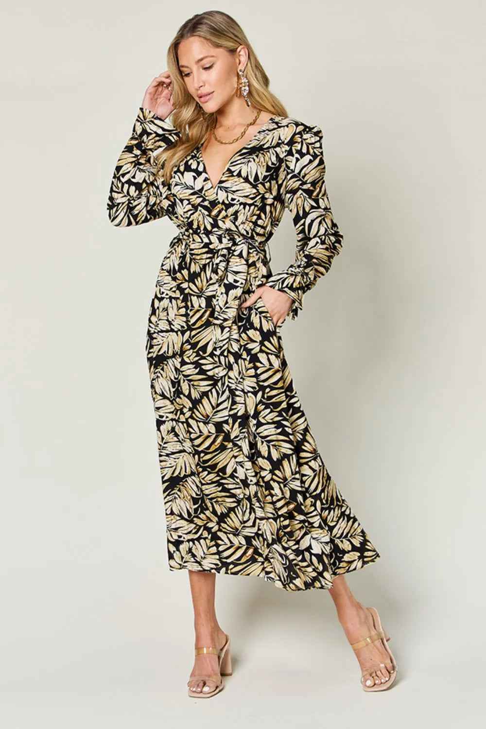 Tie back flounce sleeve dress front view