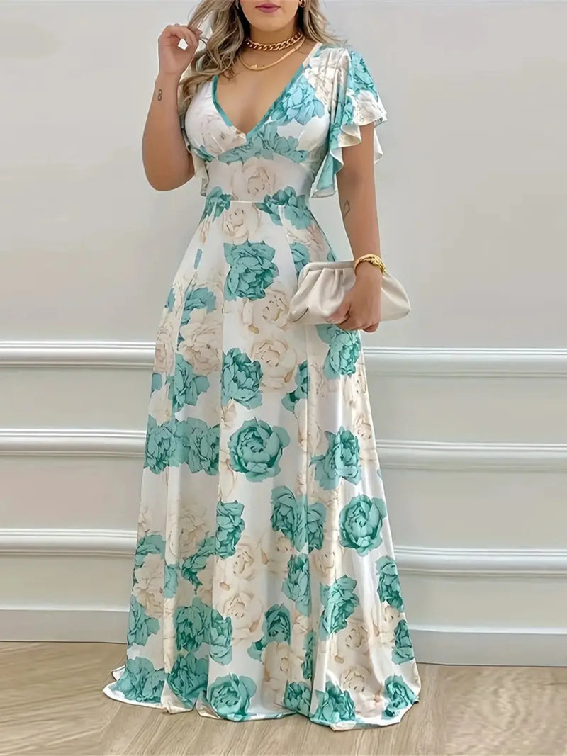 Plus size floral v neck maxi dress in light green front view