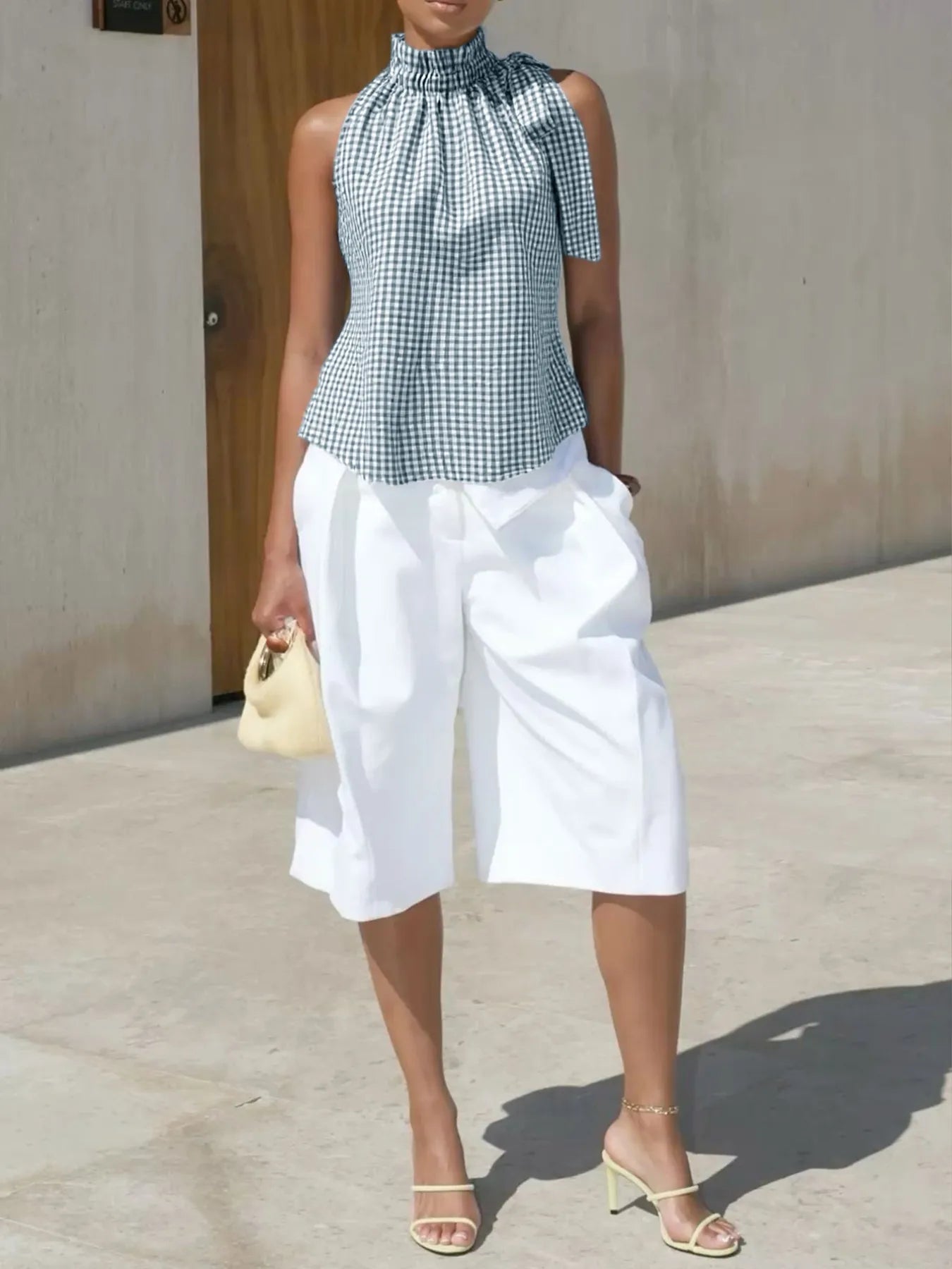 Asymmetric Gingham Bow Tie Sleeveless Top - Fashorio
