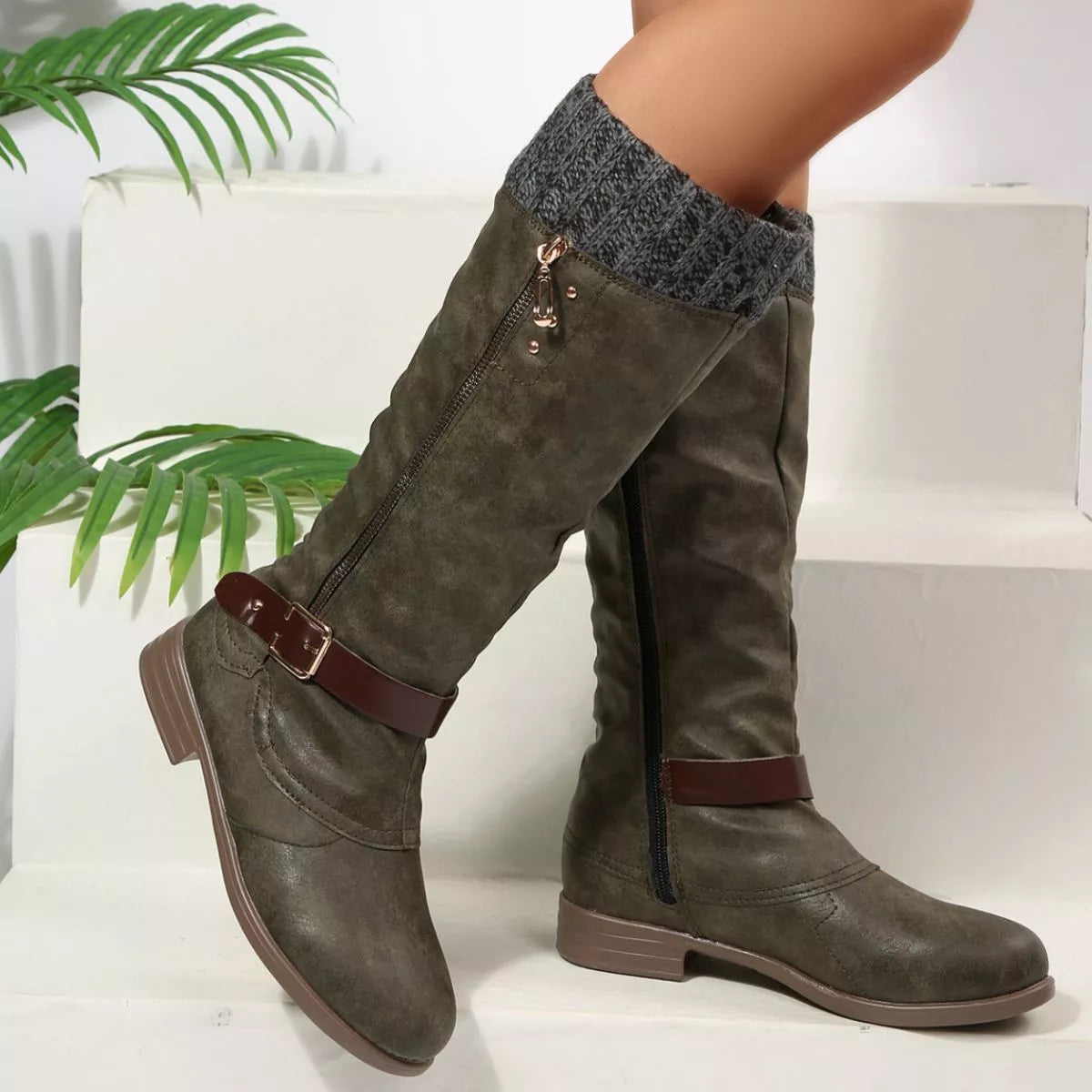 Green round toe block heels boots heel detail
