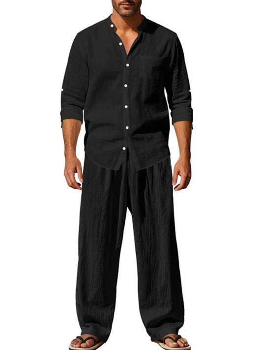Men's Full Size Button Up Shirt and Pants Set Plus Size Black - Fashorio