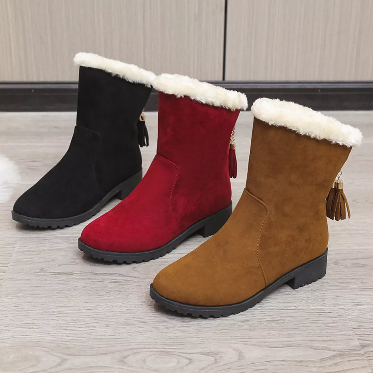 Round toe plush lined suede boots front view
