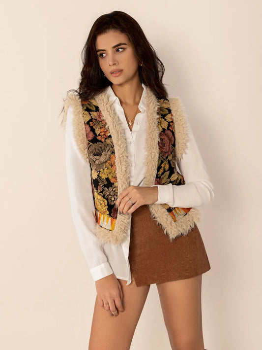 Embroidered Fuzzy Trim Open Front Vest Coat Multicolor - Fashorio