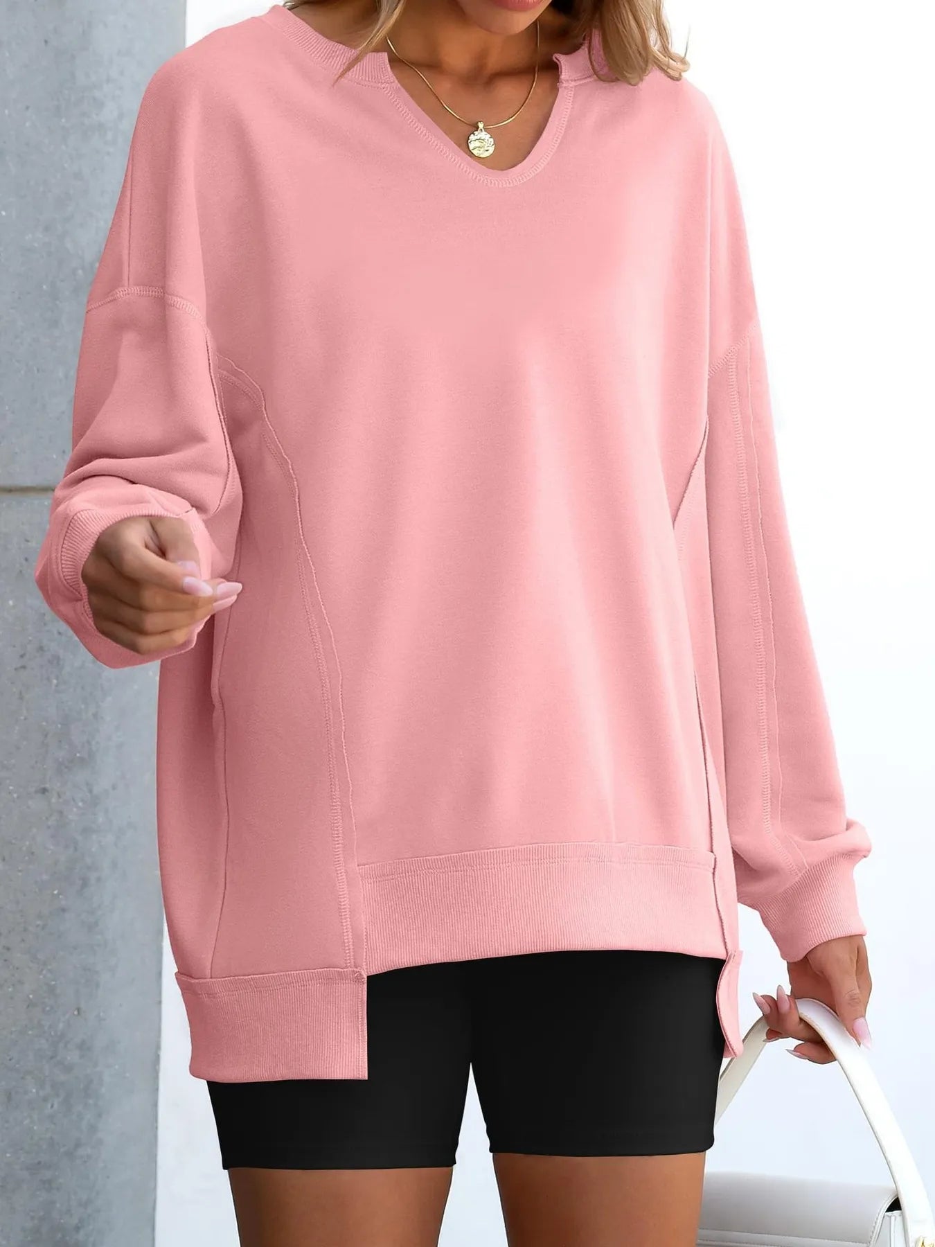 Notched Long Sleeve Oversized Sweatshirt - Fashorio
