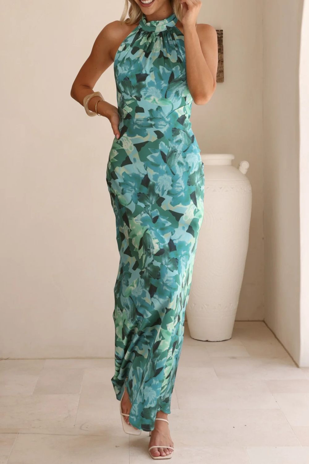 floral halter neck maxi dress with leg slit back view