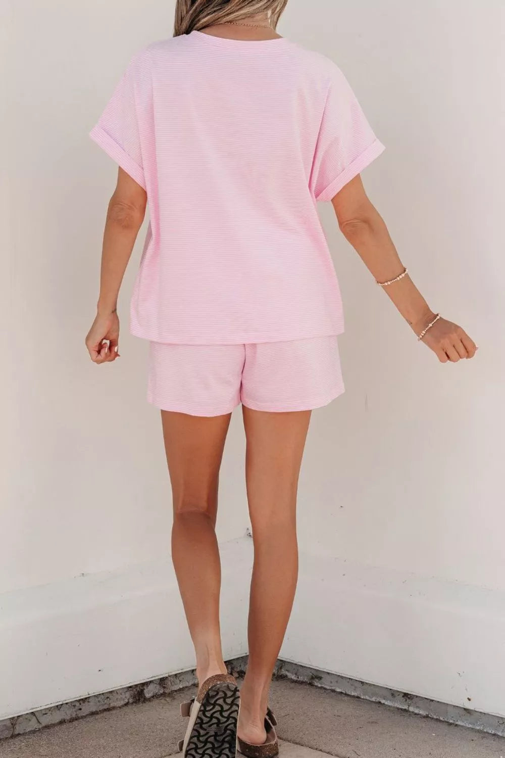Casual striped tee and shorts set back view
