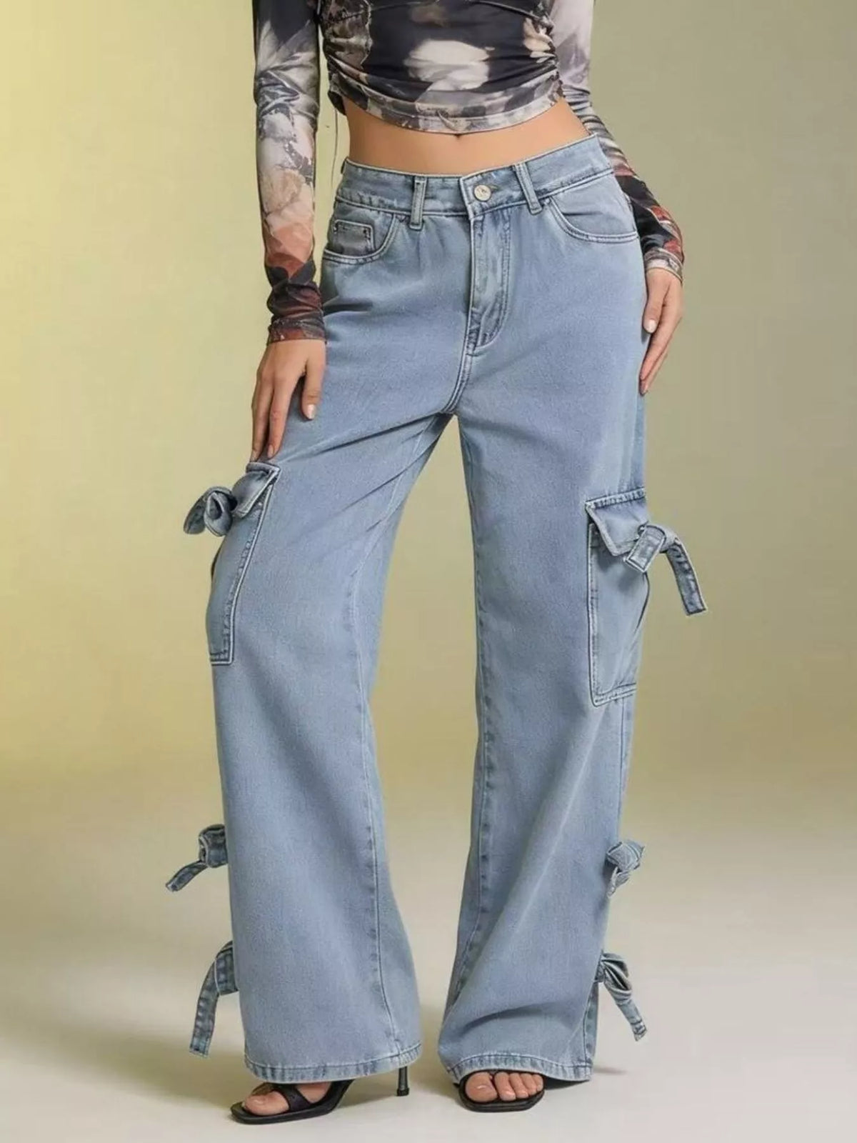 Bow wide leg jeans front view