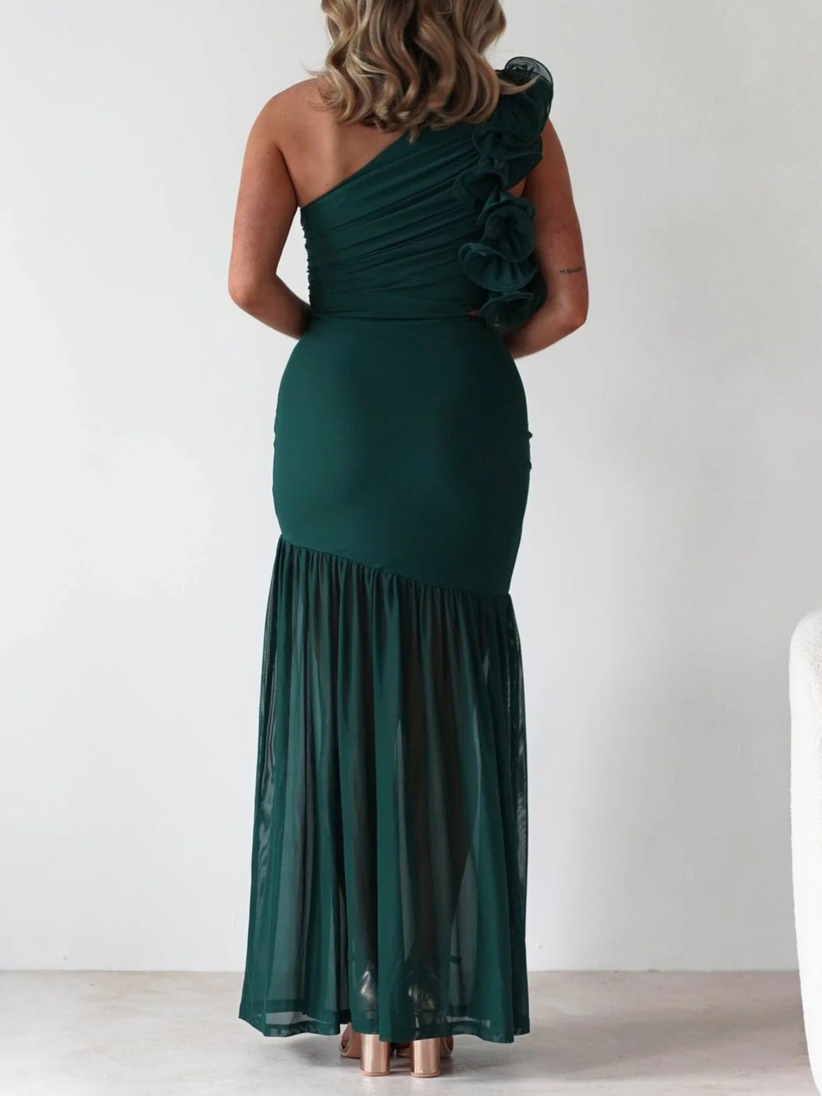 one shoulder ruffle trim maxi dress full length view