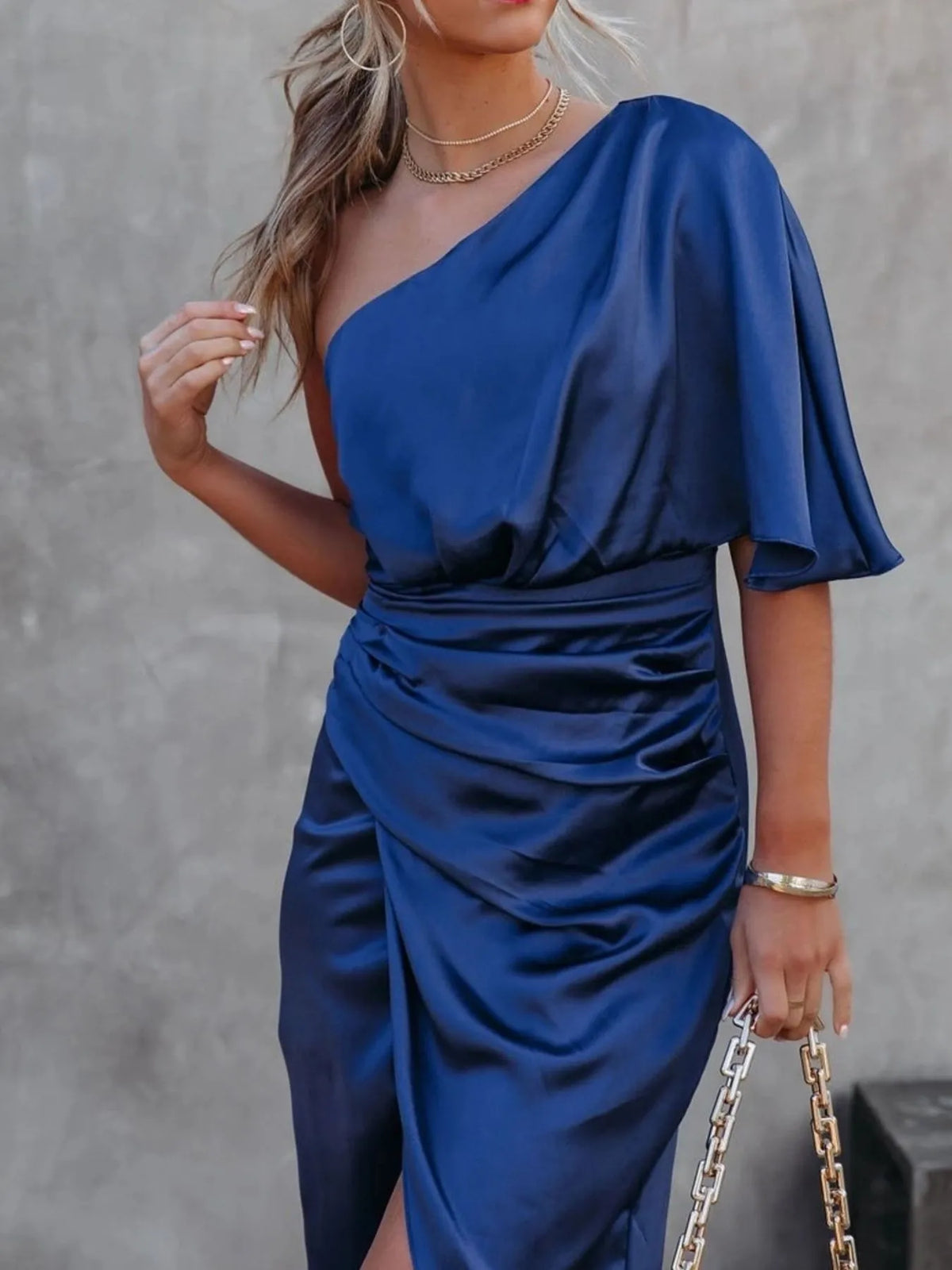 One shoulder satin wrap dress with side slit front view