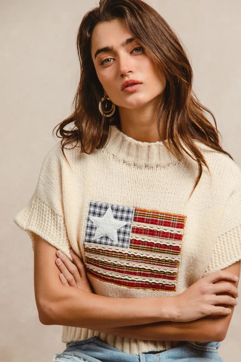 BiBi American Flag Patchwork Drop Shoulder Sweater - Fashorio