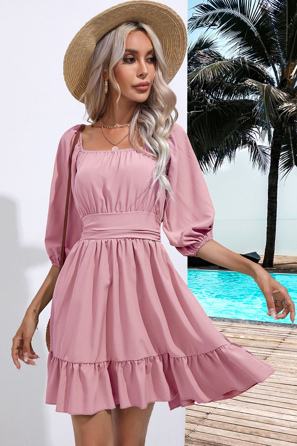 Square Neck Dress with Tie Back & Ruffle Hem – Flirty Fit - Fashorio