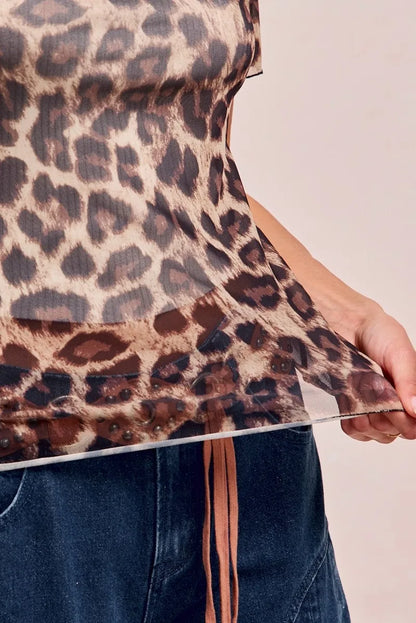 BiBi High Neck Leopard Mesh Short Sleeves Top - Fashorio
