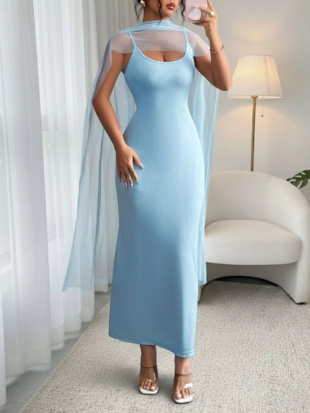 blue ribbed scoop neck bodycon maxi dress with mesh detail styled outfit view