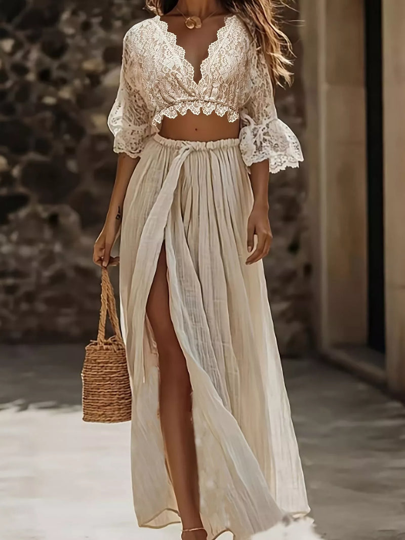 Apricot lace crop top and slit maxi skirt set front view