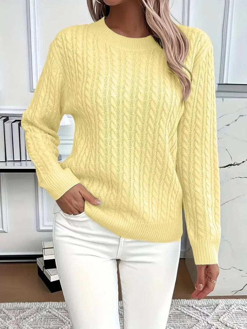 Pastel yellow cable knit sweater front view