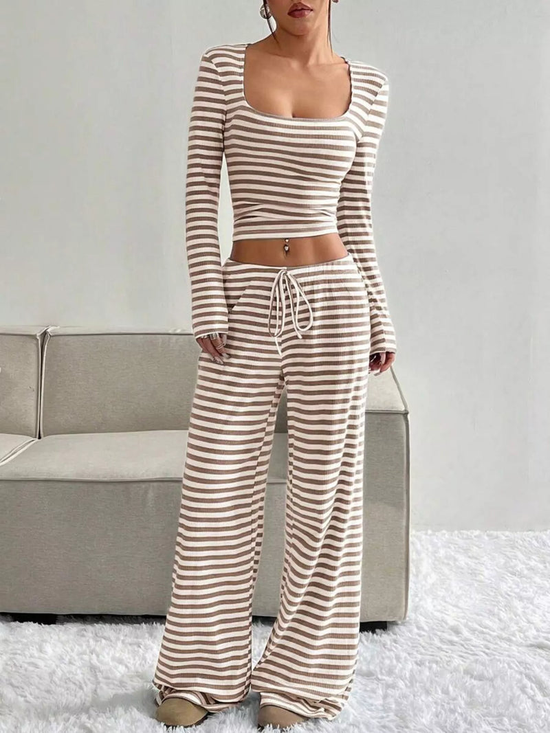 Striped long sleeve crop top and wide leg pants set front view