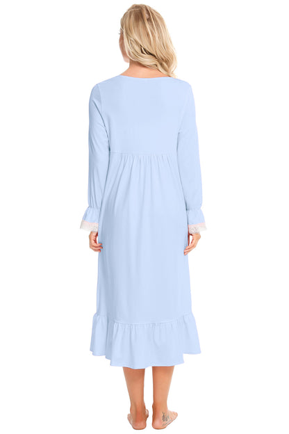 Lace Detail Square Neck Flounce Sleeve Night Dress - Fashorio