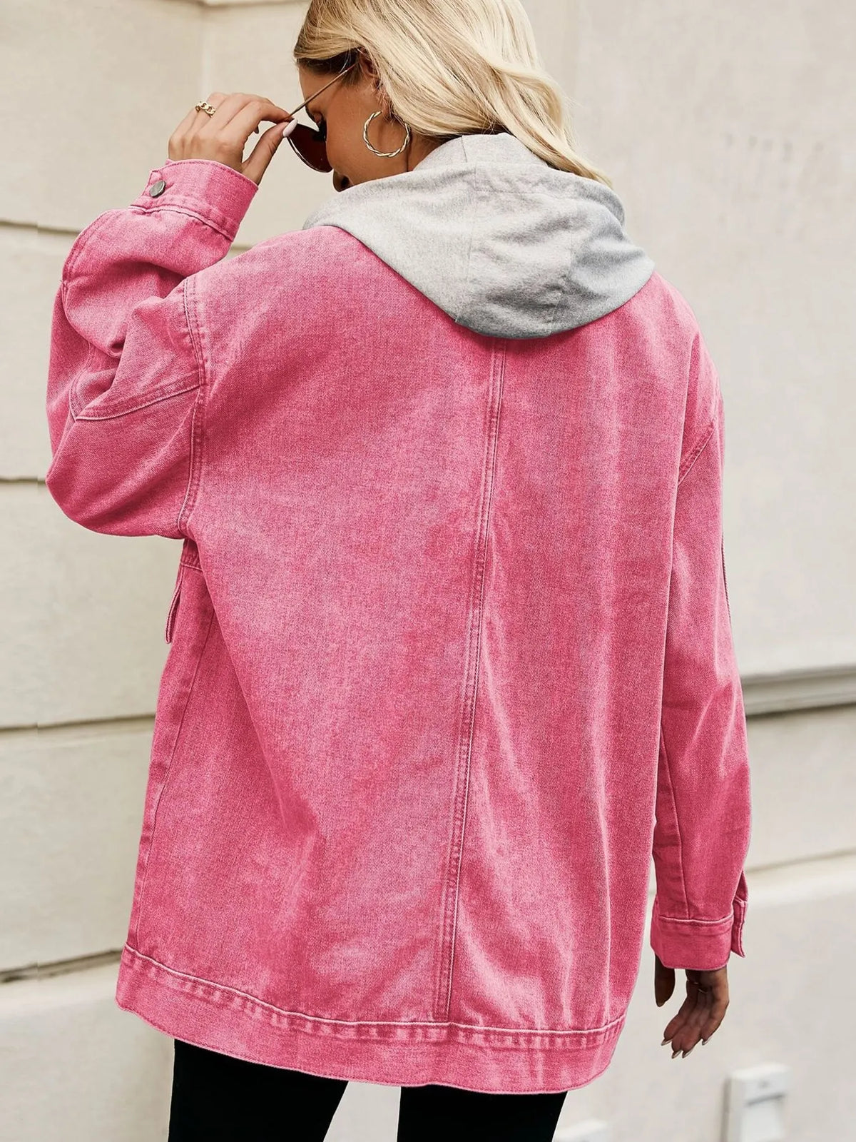 Oversized Hooded Denim Jacket in Light Blue back view