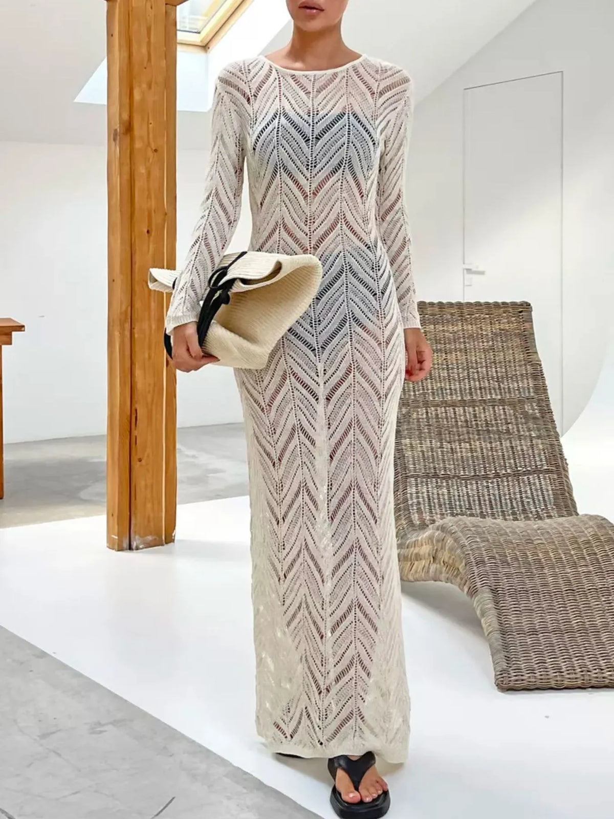 openwork knit long sleeve cover up maxi dress neckline detail
