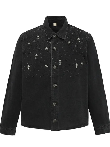 Men's Plus Size Cross Button Up Long Sleeve Denim Jacket - Fashorio