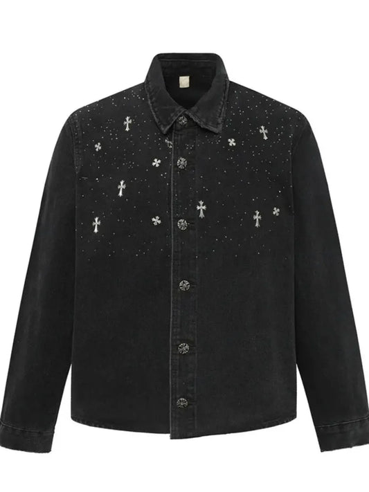 Men's Plus Size Cross Button Up Long Sleeve Denim Jacket - Fashorio